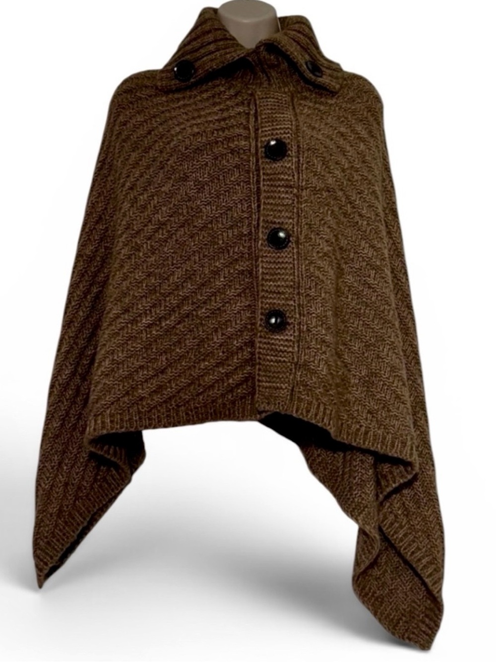 ⭐️ Brown Herringbone Knit Poncho Cape Button Front Sweater Wrap One Size